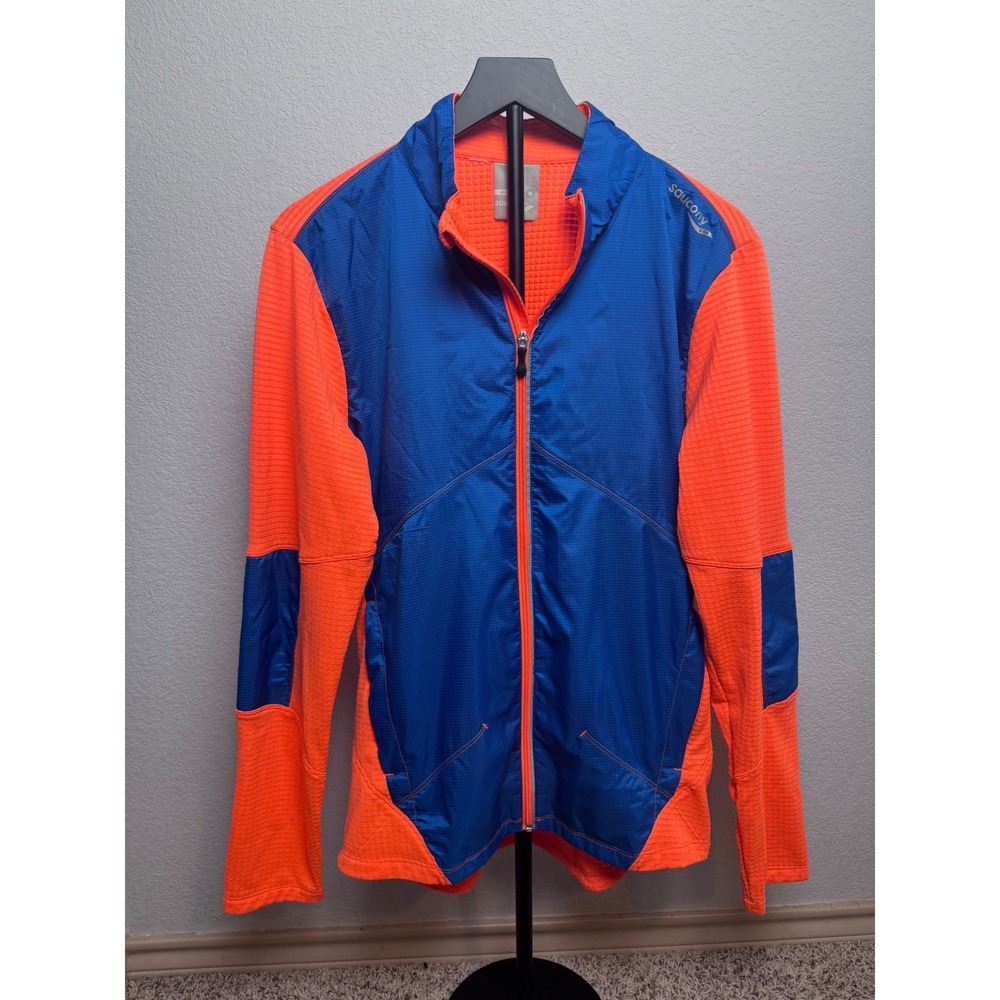 Saucony Mens Running Jacket Orange Blue Full Zip Waffle Knit Thermal Medium